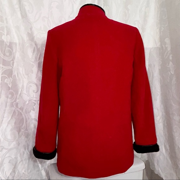 London Fog ZENA Candy Red Black Leather Trim Wool Clasp Snap Button Up Pea Coat - Picture 4 of 13